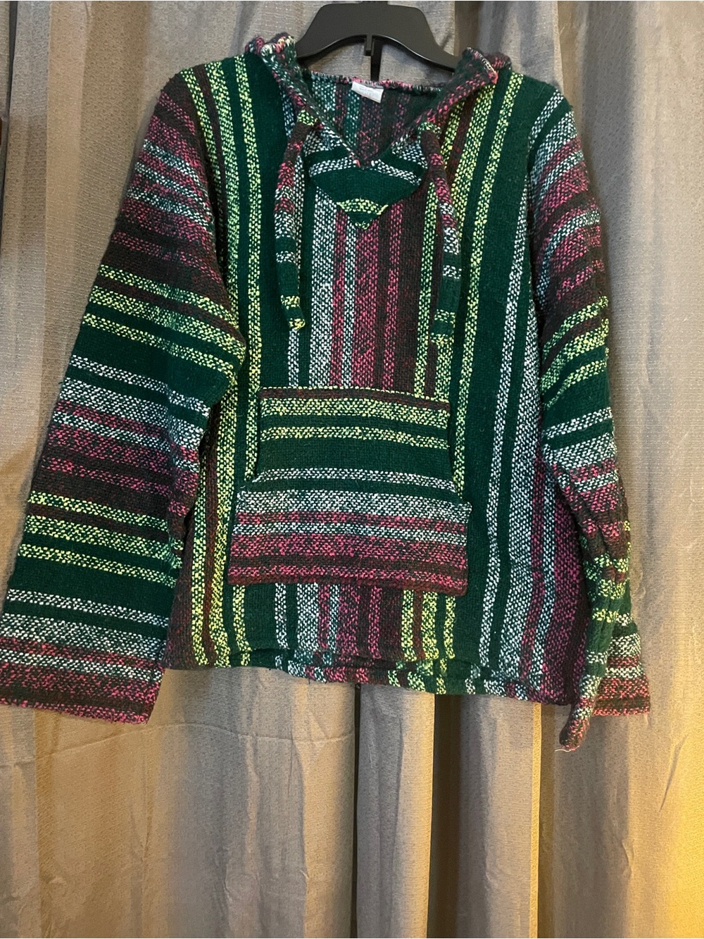 Striped Hooded Baja-Style Sweater in Green, Pink & Yellow Size Large